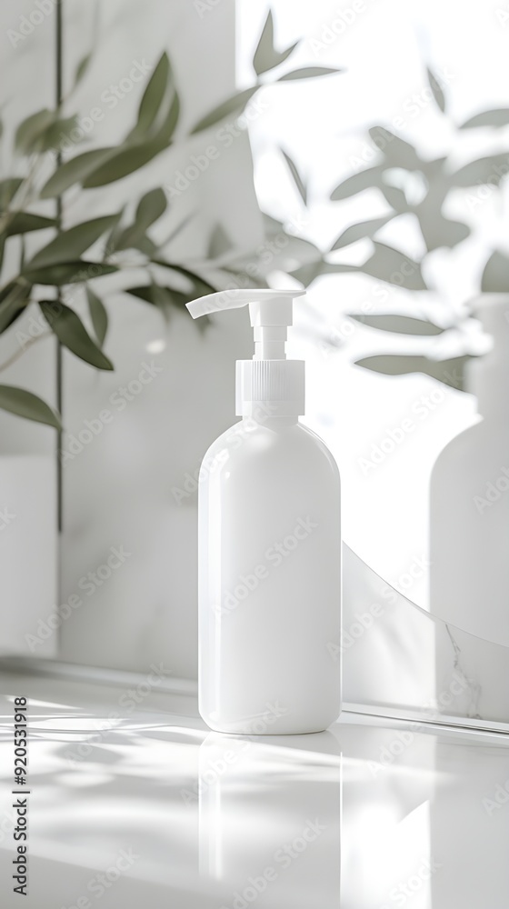 A 500 mL pump bottle of white plastic lotion is perched on the edge of a bathroom vanity. In order to highlight the bottle's size and consequently worth, the camera is positioned low. A 500 mL pump bottle of white plastic lotion is perched on the edge of a bathroom vanity. In order to highlight the bottle's size and consequently worth, the camera is positioned low.