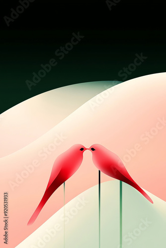 Two pink red birds kissing on the arch wing, heart-shaped clouds in red background, valentine' s day photo