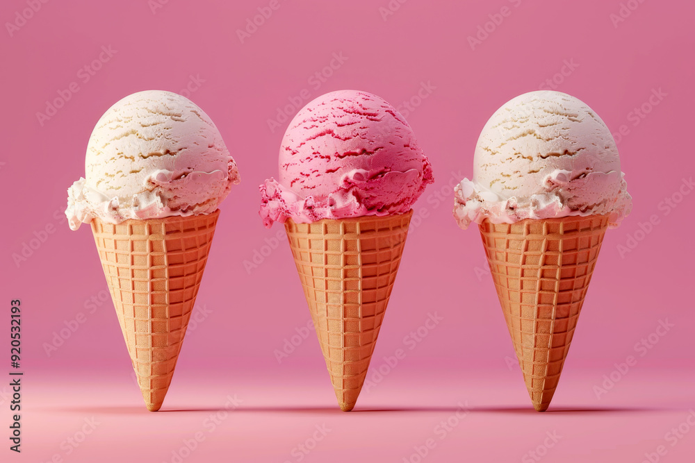 Three ice cream cones with different flavors of ice cream Three ice cream cones with different flavors of ice cream