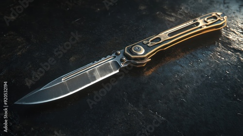 A sharp,  black and gold pocket knife with a smooth metal blade on a dark textured background.