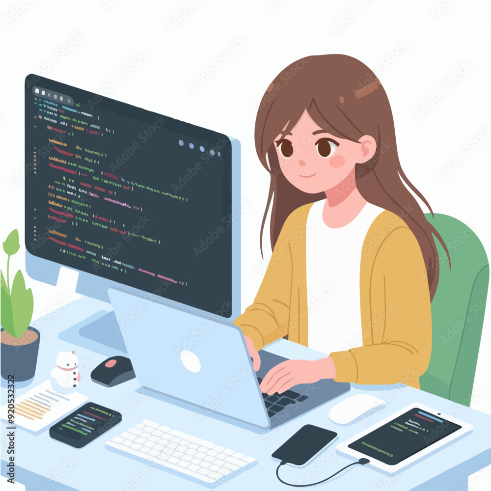 Coder female as professional programmer for web scripts tiny person concept Illustration 