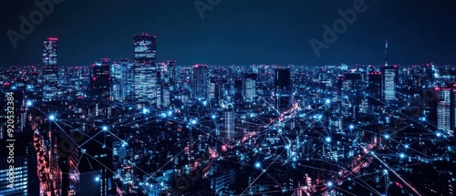 High-tech infrastructure network with smart grids and connected urban systems illuminated at night