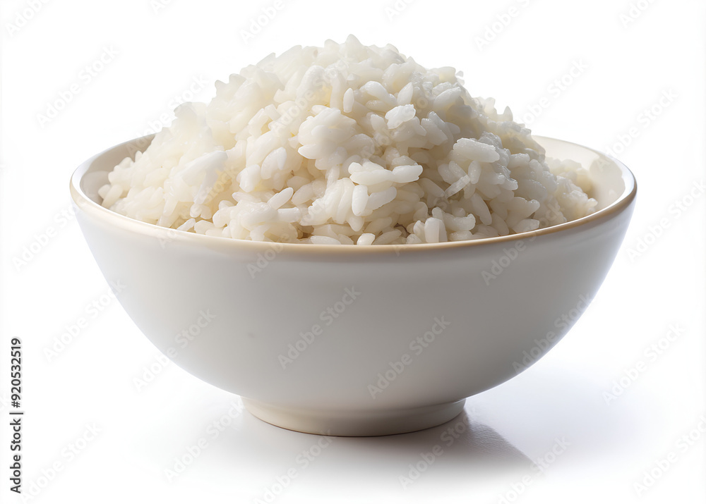 Cooked rice in white ceramic bowl, isolated on a white background, Clipping path Cooked rice in white ceramic bowl, isolated on a white background, Clipping path
