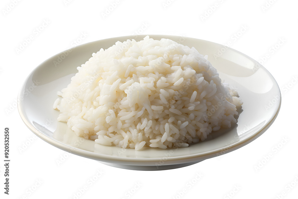 Cooked rice on white porcelain plate, isolated on a white background, Clipping path Cooked rice on white porcelain plate, isolated on a white background, Clipping path