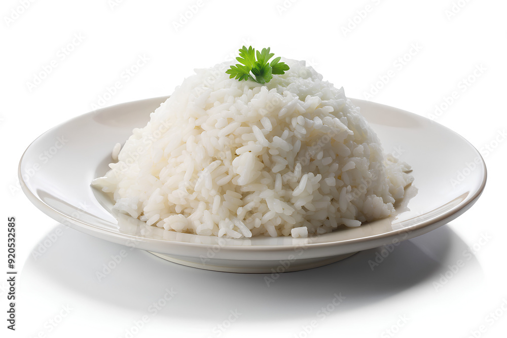 Cooked rice on white porcelain plate, isolated on a white background Cooked rice on white porcelain plate, isolated on a white background