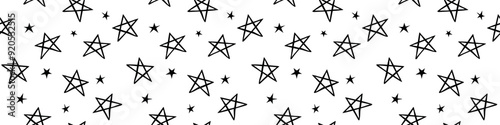 Hand drawn grunge seamless pattern. Black and white background. Abstract doodle drawing pentagram. Vector art illustration stars