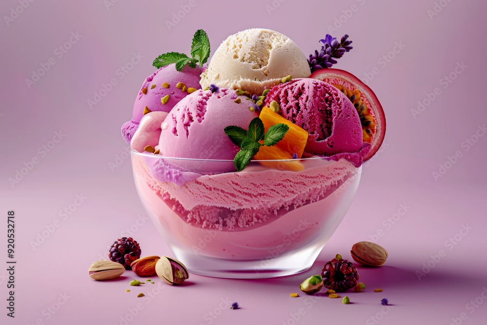 A bowl of ice cream with a variety of flavors and toppings, including nuts