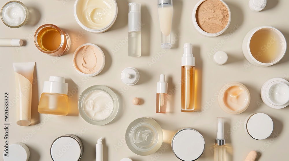 Flat lay of a minimalist beauty routine setup with skincare creams, serums, and face masks Flat lay of a minimalist beauty routine setup with skincare creams, serums, and face masks