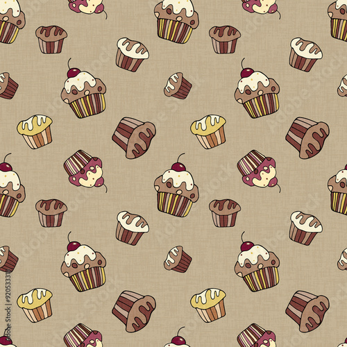A seamless cupcake and muffin pattern in pastel tones, a hand-drawn cupcake background with a cherry on top, a wrapping paper doodle design
