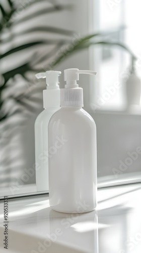 A 500 mL pump bottle of white plastic lotion is perched on the edge of a bathroom vanity. In order to highlight the bottle's size and consequently worth, the camera is positioned low.