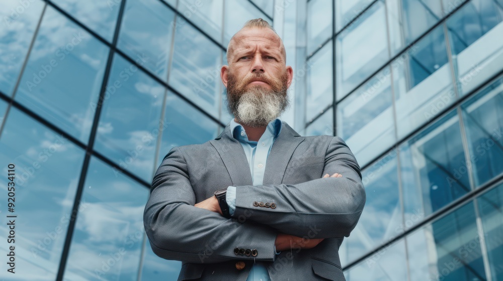 Confident Entrepreneur Leading Successful Startup in Front of Glass Building, Generative Ai