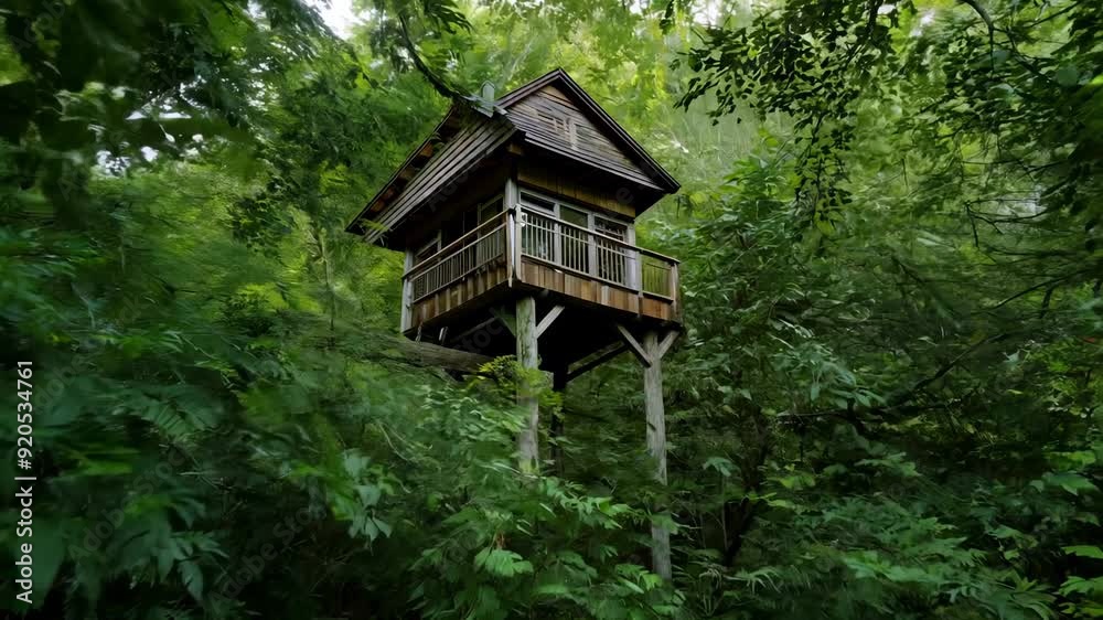 Explore the serene treehouse nestled in a dense forest canopy at sunset