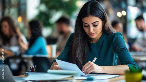 Businesswoman sitting at a desk, reviewing documents while her team works together in the background