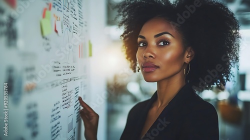 Businesswoman standing by a whiteboard, explaining complex data to her team in a modern office