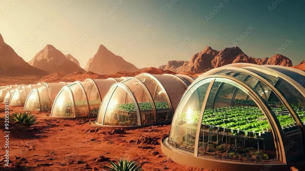Futuristic colony base with greenhouses on mars planet. Space manned mission on red planet. Futuristic exploration and planet colonization concept, adventure. Science fiction. Agriculture and farming 