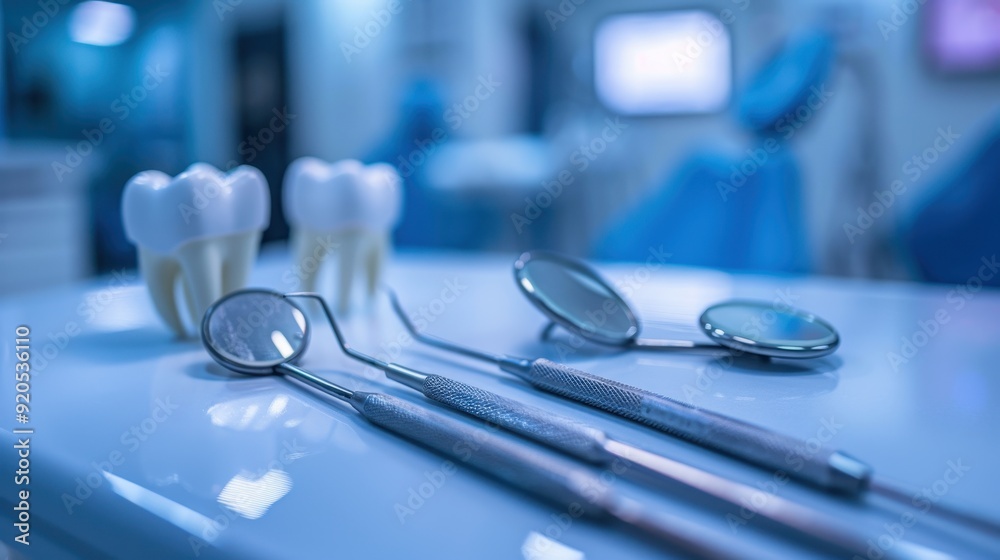 Close-Up of Dental Tools and Tooth Models in a Modern Dental Clinic with Blue Lighting Close-Up of Dental Tools and Tooth Models in a Modern Dental Clinic with Blue Lighting