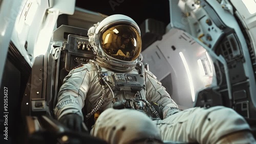 Astronaut sitting inside spaceship cockpit during mission. Space exploration and travel concept. Interstellar spacecraft, space station. Science fiction. Rocket launch