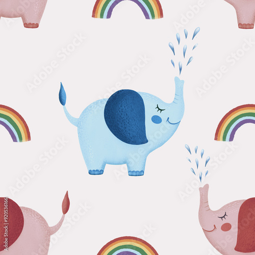 Cute baby elephants and rainbows pattern, happy pink and blue elephants spraying water from their trunks, a fun nursery wallpaper design