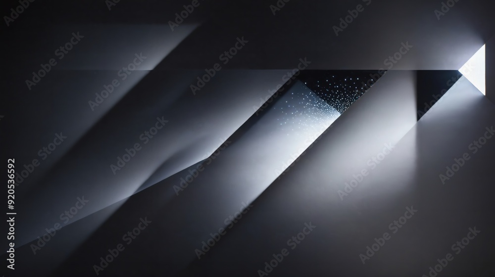 Generative AI, A minimalist abstract composition featuring sharp, angled beams of light cutting through darkness, creating a striking interplay of light and shadow with a futuristic feel. Generative AI, A minimalist abstract composition featuring sharp, angled beams of light cutting through darkness, creating a striking interplay of light and shadow with a futuristic feel.