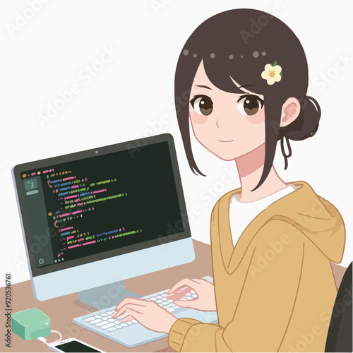 Digital development people - Three characters working on computer with code language doing programming