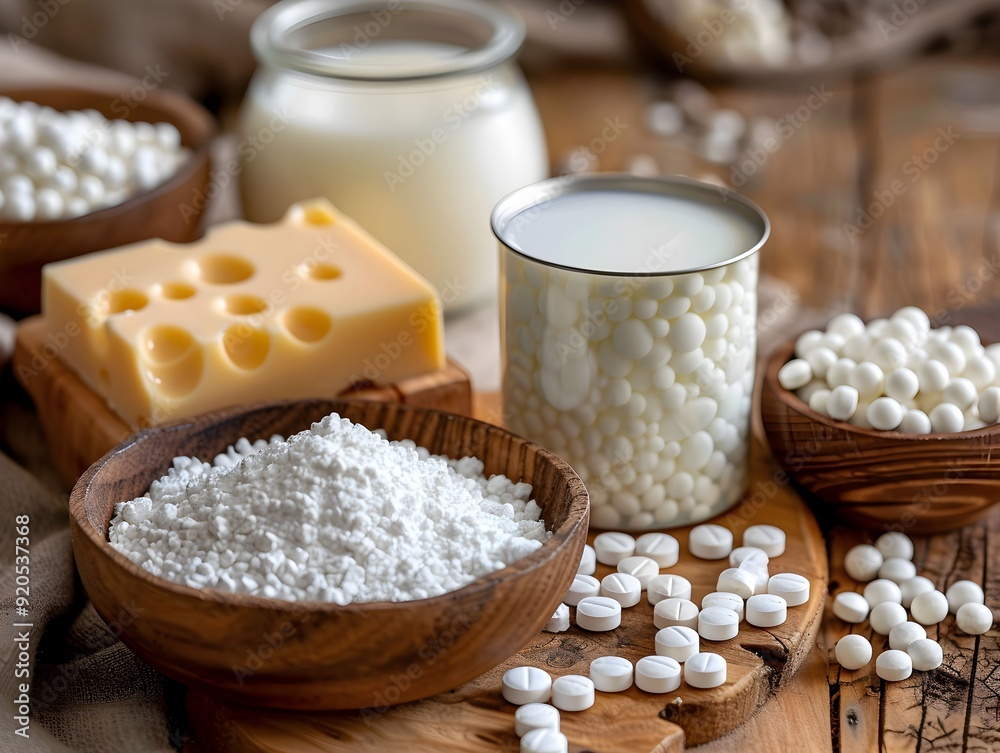 A variety of dairy products displayed on a wooden table, including cheese, cream, and milk in different forms A variety of dairy products displayed on a wooden table, including cheese, cream, and milk in different forms