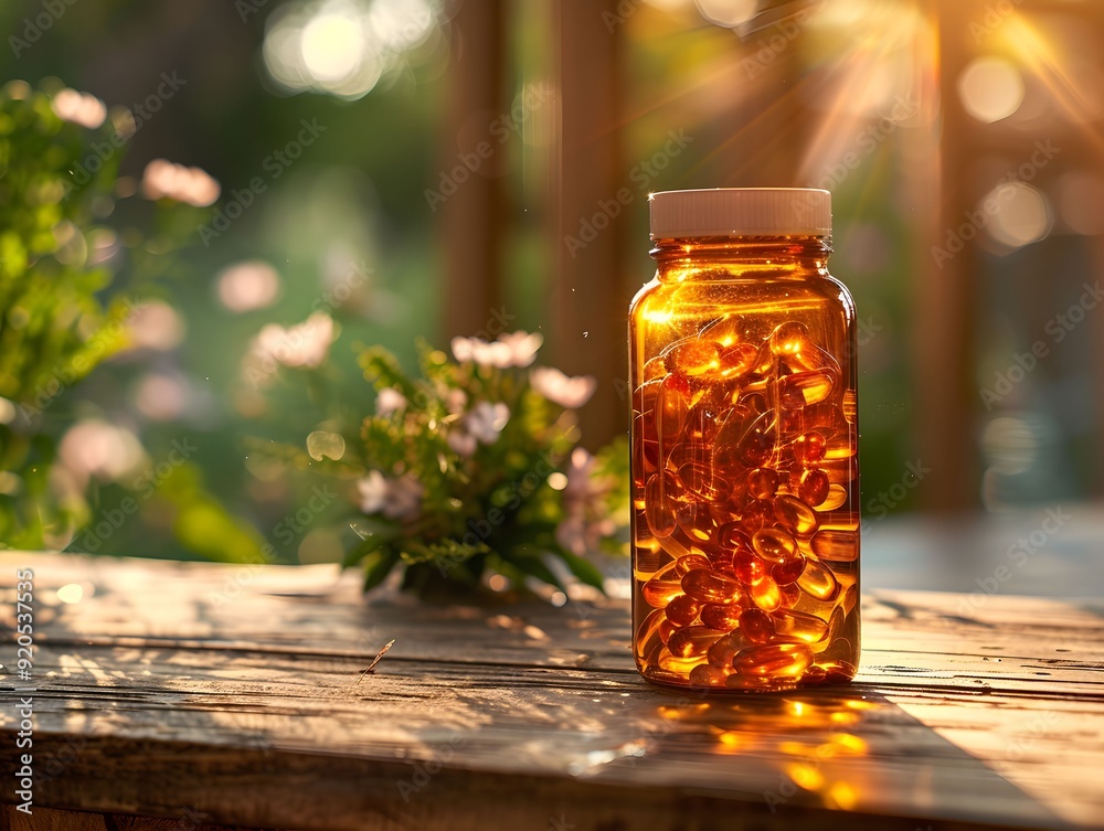 Glass jar filled with golden capsules on a wooden table in a garden during sunset Glass jar filled with golden capsules on a wooden table in a garden during sunset