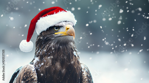 An eagle wearing a Santa hat stands proudly against a snowy landscape, embodying the festive spirit of winter and Christmas