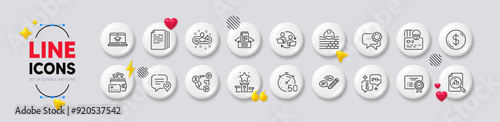 Website education, Info and Build line icons. White buttons 3d icons. Pack of Recruitment, Employees messenger, Dollar money icon. Certificate, Teamwork process, Money pictogram. Vector