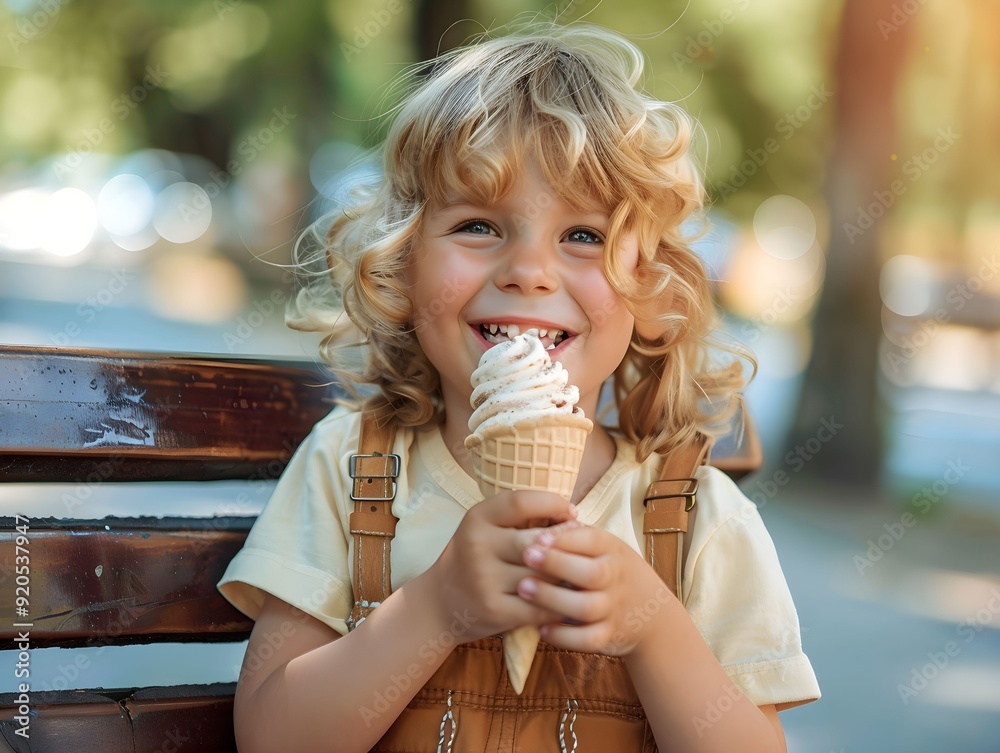 Smiling child enjoying a soft-serve ice cream cone in a sunny park setting during summer Smiling child enjoying a soft-serve ice cream cone in a sunny park setting during summer