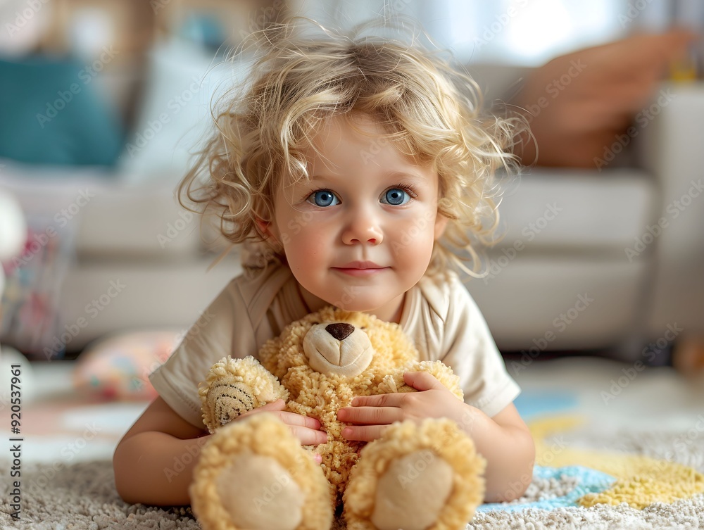 Young child with curly hair cuddling a teddy bear in a cozy living room setting during the day Young child with curly hair cuddling a teddy bear in a cozy living room setting during the day