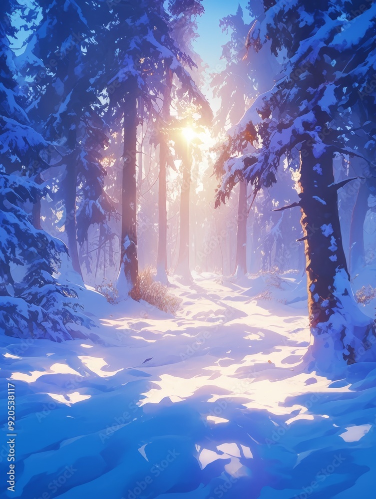 Fototapeta premium Enchanting Winter Wonderland: Anime-Style Forest Snowscape in 8K Resolution. Masterful Digital Art Depicting Serene Snowy Forest with Vibrant Blue Sky. Perfect for Creative Marketing, Book Illustratio