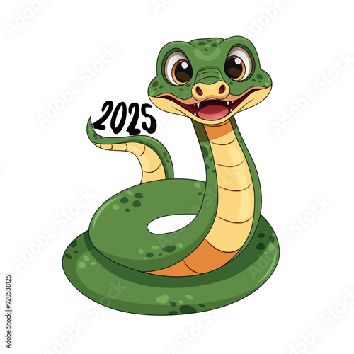 Cute smiling cartoon green snake is holding 2025 numbers white isolated background. New year of 2025 animal snake symbol. Chinese zodiac snake symbol.	