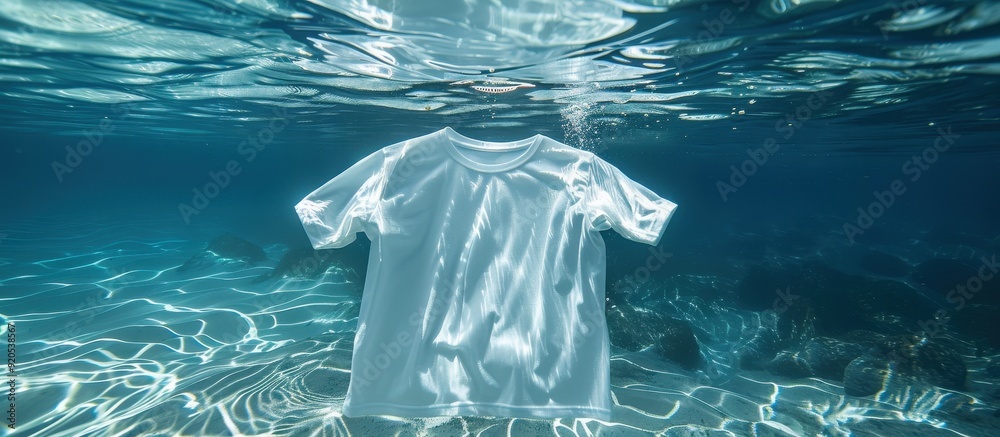 Naklejka premium White T-Shirt Floating Underwater in Clear Blue Ocean with Sunlight Reflections
