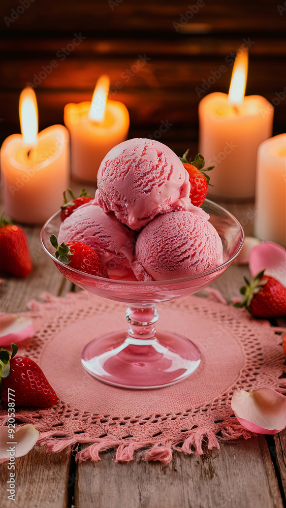 Bowl of Strawberry Ice Cream with Fresh Strawberries, Surrounded by Petals and Candles, Creating a Romantic Dessert Setting Bowl of Strawberry Ice Cream with Fresh Strawberries, Surrounded by Petals and Candles, Creating a Romantic Dessert Setting