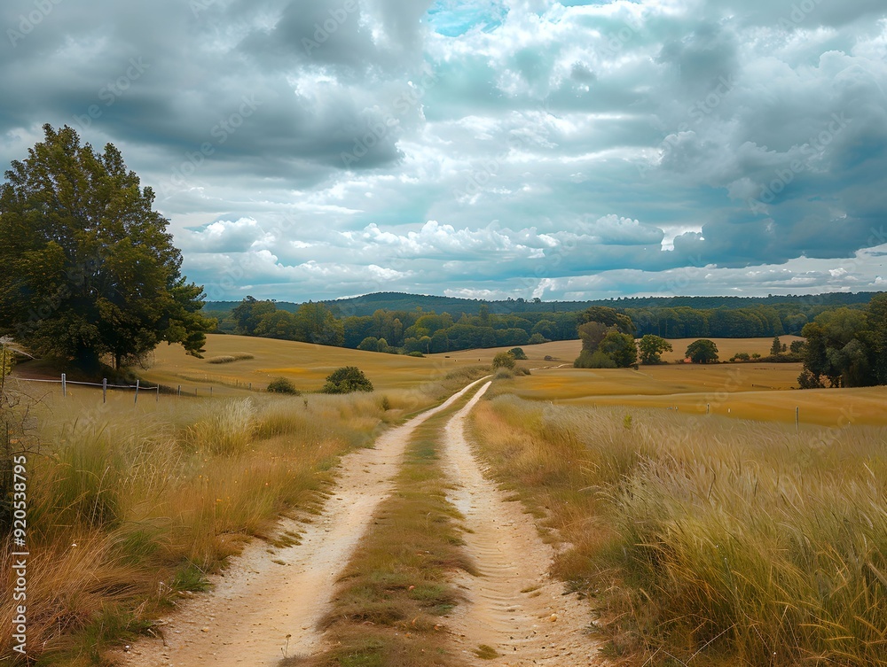 Obraz premium Dirt road winding through a rural landscape under a cloudy sky in the countryside