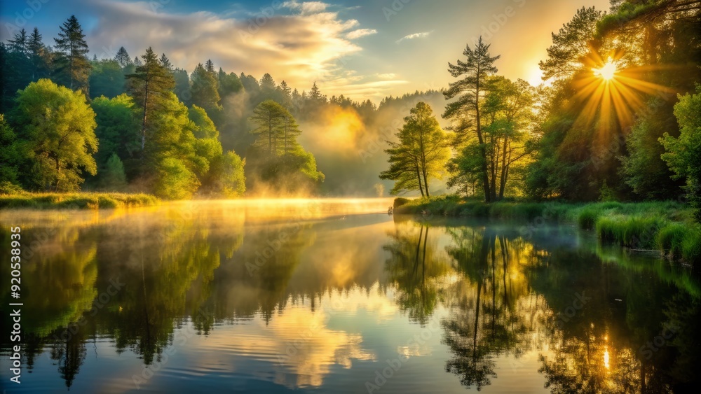 Obraz premium Serene lake scene at dawn, gentle mist surrounds calm waters, golden light spills through, illuminating lush green forest, creating a peaceful atmospheric landscape.