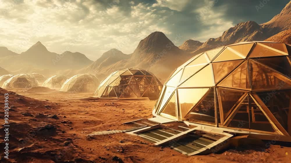 Futuristic colony base with domes on rocky mars planet, mountains in background. Space manned mission on red planet. Futuristic exploration and planet colonization concept, adventure. Science fiction