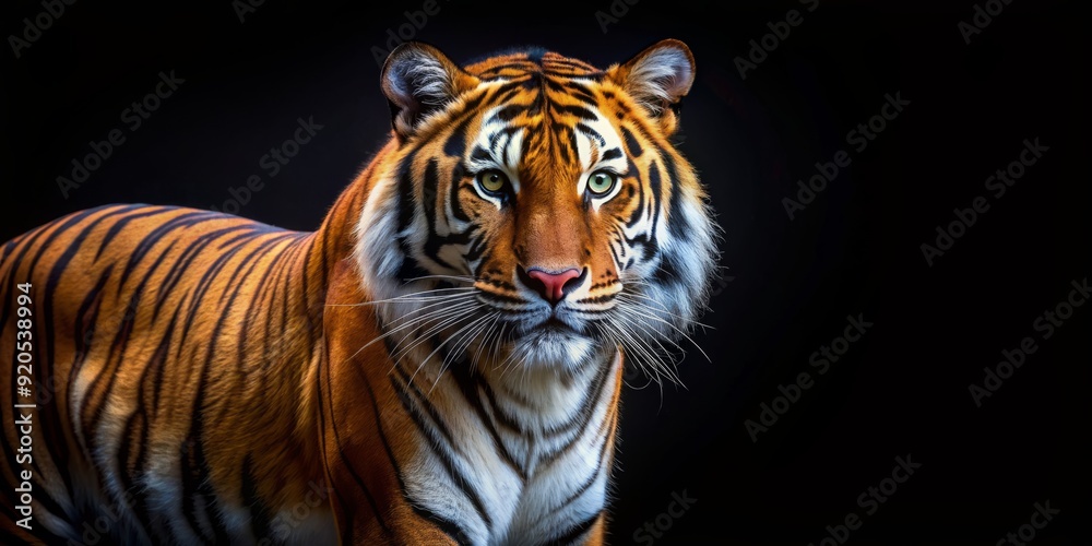 Majestic tiger stands alone on a dark, sleek black background, its vibrant orange fur and piercing eyes emanating power and serenity in perfect minimalistic harmony. Majestic tiger stands alone on a dark, sleek black background, its vibrant orange fur and piercing eyes emanating power and serenity in perfect minimalistic harmony.