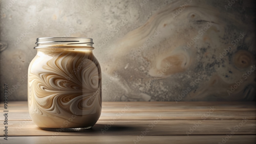 Elegant monochrome still life of a jar filled with creamy textures, powdery smudges, and swirly patterns, exuding modern minimalism and sophisticated beauty. Elegant monochrome still life of a jar filled with creamy textures, powdery smudges, and swirly patterns, exuding modern minimalism and sophisticated beauty.