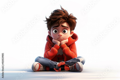 Sad stressed upset cartoon character boy kid child young male person sitting on floor wearing red hoodie in 3d style design on light background. Human people feelings expression concept