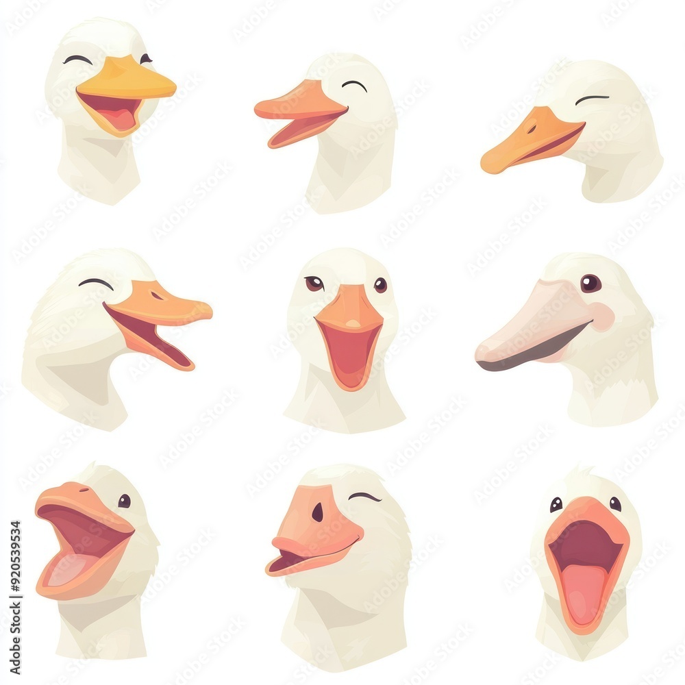 Nine different cartoon duck heads with varying expressions, including open mouths, smiling eyes and beak, and closed eyes. Nine different cartoon duck heads with varying expressions, including open mouths, smiling eyes and beak, and closed eyes.