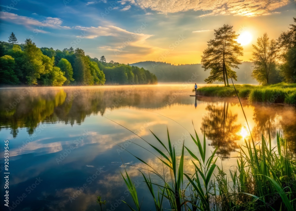 Serene lake scene at dawn with mist gently rising from calm water, surrounded by lush greenery, perfectly capturing peaceful moments in outdoor recreational fishing.