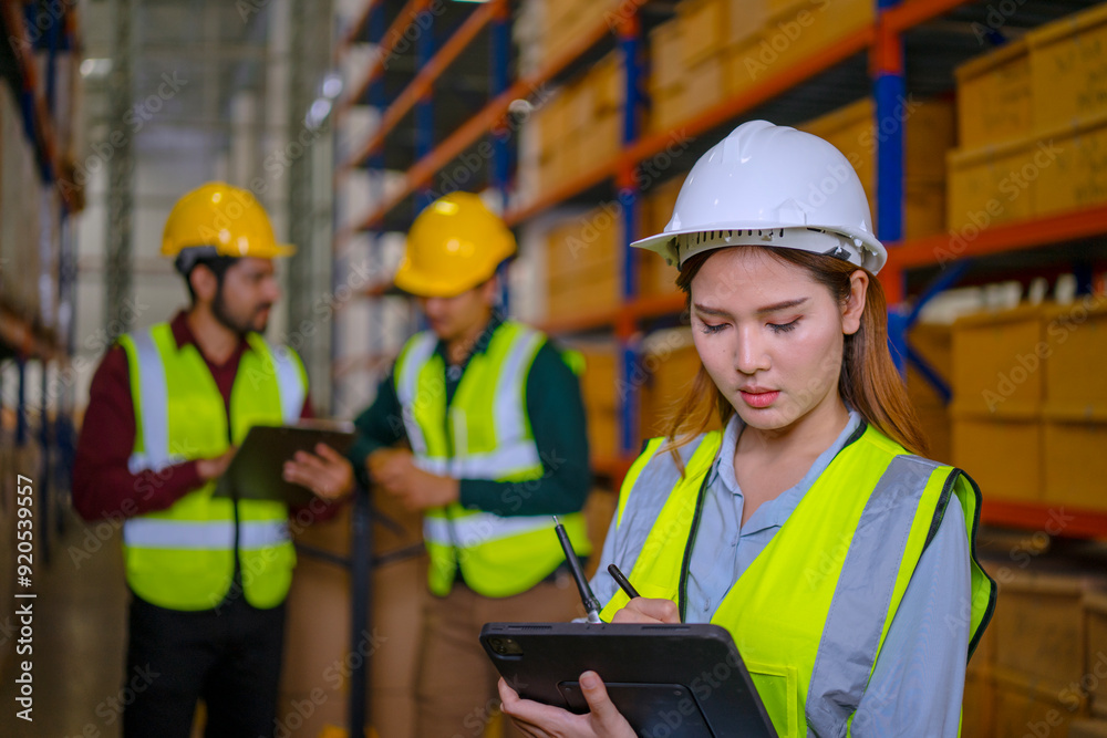Blue collar workers are working at warehouse. Blue collar workers are working at warehouse.