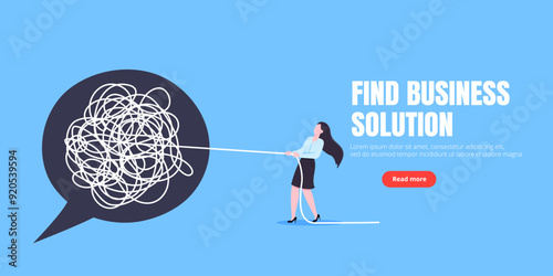 Unravel business chaos process with tangle difficult problem mess business concept flat style design vector illustration. Chaos to order, complex to simple metaphor with person trying solve mess cable