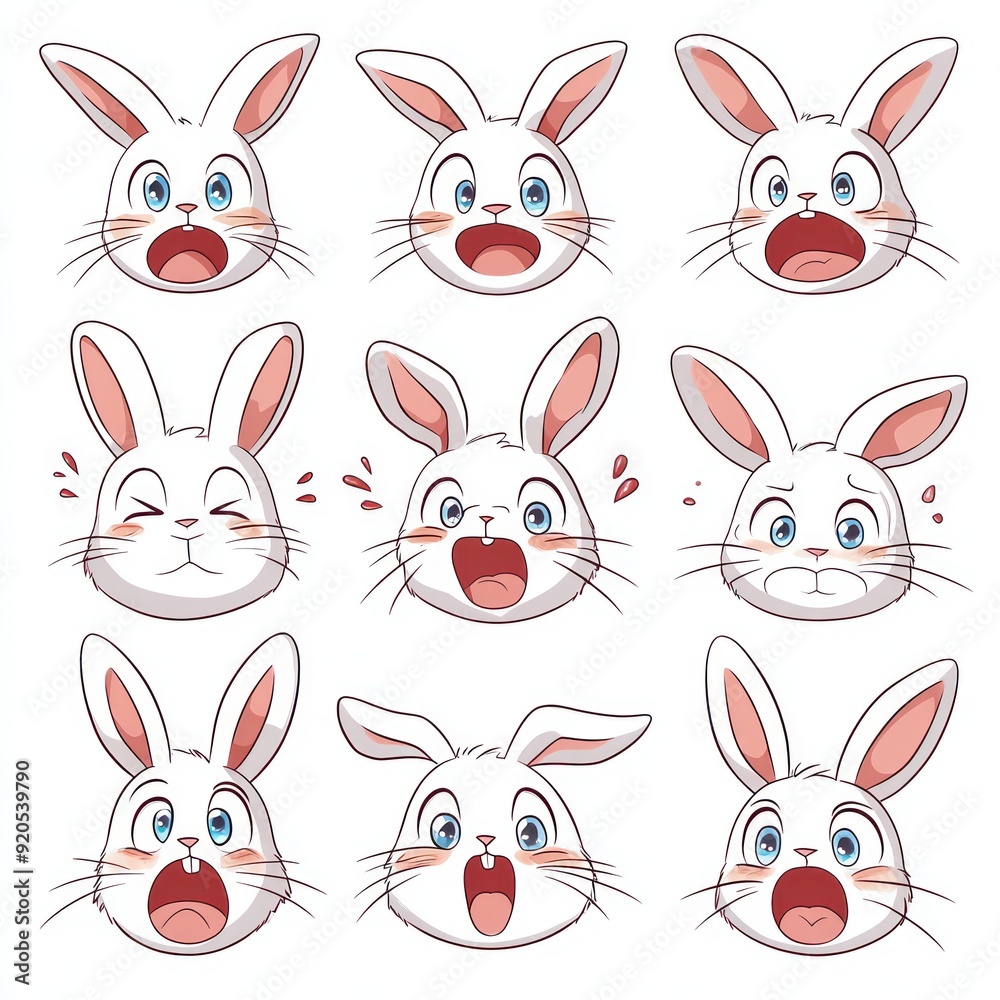 Nine cartoon rabbit faces with different expressions. Nine cartoon rabbit faces with different expressions.