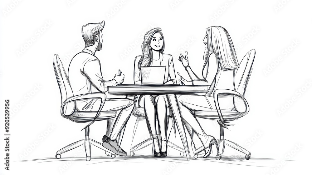 A vibrant sketch of team members engaged in a lively business meeting, showcasing collaboration and brainstorming. A vibrant sketch of team members engaged in a lively business meeting, showcasing collaboration and brainstorming.