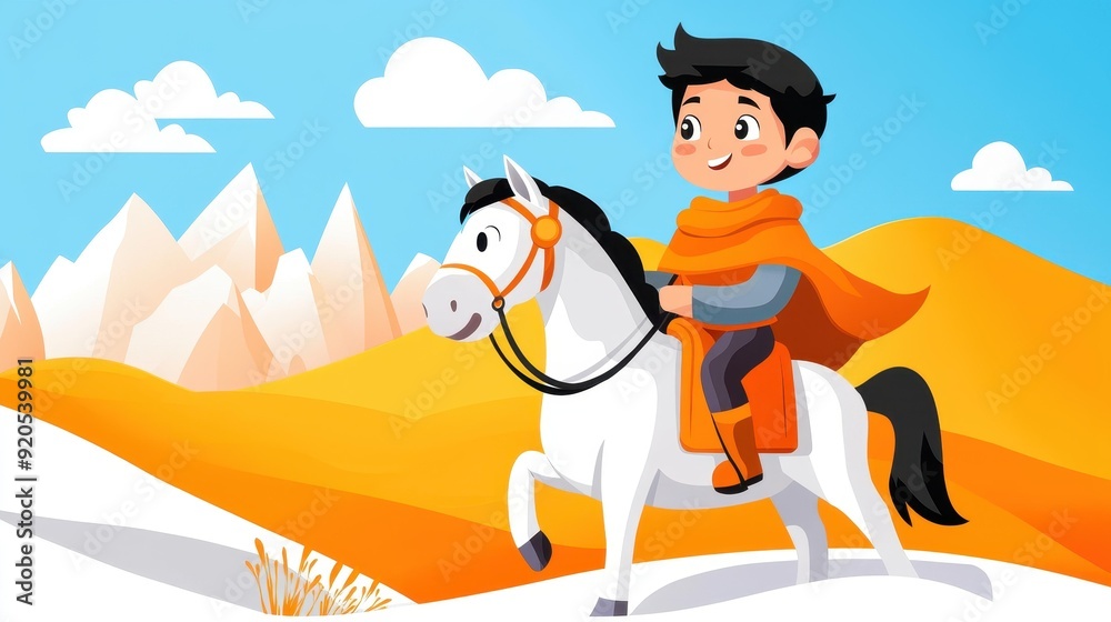 Enchanting prince rides a noble steed in a vibrant fairytale scene, perfect for childrens imaginative adventures.