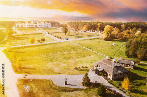 Kosava, Belarus. Aerial Bird's-eye View On Memorial Museum-estate Of Tadeusz Kosciuszko. Famous Popular Historic House Andrew Thaddeus Bonaventure Kosciuszko. National Hero In Poland, Lithuania, USA photo