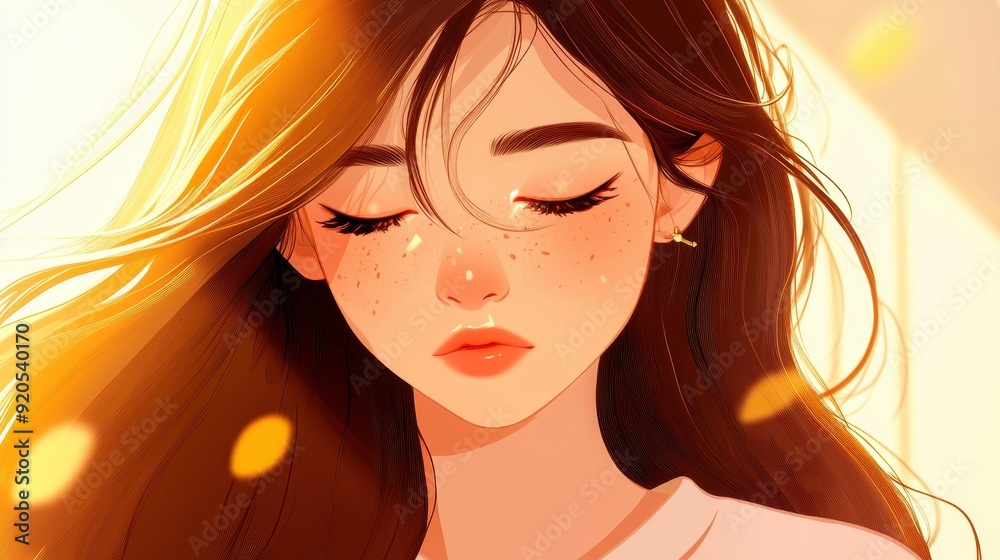 Captivating portrait of a serene woman bathed in soft sunlight, showcasing her natural beauty and contemplative expression. Captivating portrait of a serene woman bathed in soft sunlight, showcasing her natural beauty and contemplative expression.