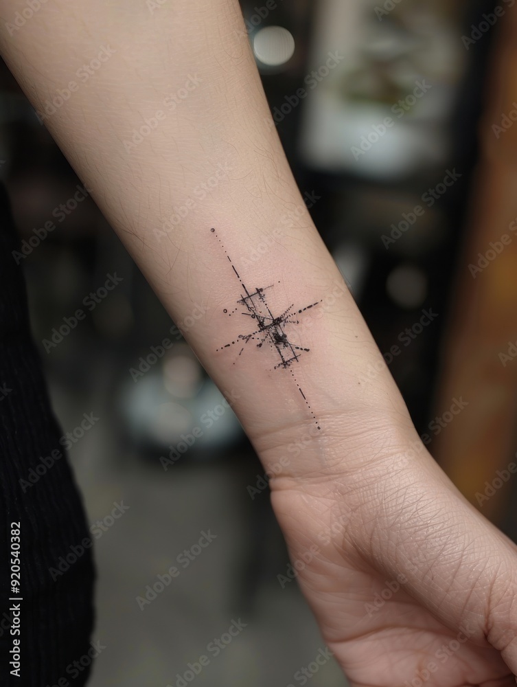 Obraz premium Close-up of a person's wrist with a small black geometric tattoo.